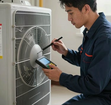 A professional HVAC technician in a dark blue uniform using digital tools to inspect an indoor furnace system in a North American utility room, soft bright lighting.