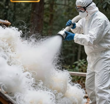 A professional technician wearing a white protective suit and mask, operating a large flexible hose to blow high-quality white fiberglass insulation into an attic. The focus is on the fluffy texture of the Cloud White material against a Muted Forest background.
