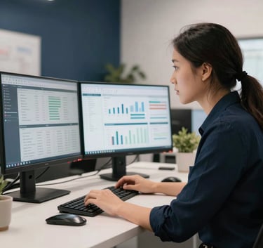 A focused digital marketing professional in a stylish North American office workspace, looking at a dual-monitor setup showing marketing analytics. The lighting is clean and professional, with accents of dark navy and off-white in the modern interior design.
