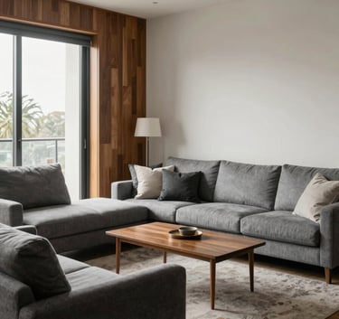 A wide-angle interior photograph of a light grey Australian apartment living room featuring brown timber accents and dark charcoal furniture, soft natural morning light.