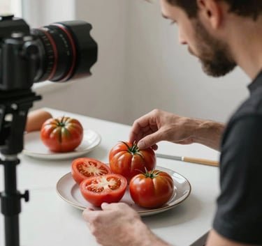 Behind-the-scenes photography of a digital marketing professional in a North American / Western European studio, carefully styling a plate of heirloom tomatoes for a social media photo shoot.