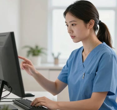 A professional nursing scene in a bright, modern Central European / German home. A caregiver in a Steel Blue uniform is attentively checking a monitor. The lighting is soft and reassuring, with accents of Soft Off-White and Light Sky Blue, projecting empathy and trustworthiness.
