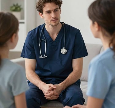 A medical professional in specialized attire conversing calmly with a family member in a modern Central European / German residential setting. The atmosphere is warm and expert, with colors featuring Dark Slate Blue and Light Sky Blue.