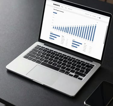 A top-down view of a minimalist black executive desk with a silver laptop displaying marketing growth charts. Lighting uses #F5F5F5 highlights to create a premium, high-tech aesthetic.