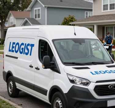 A clean, white professional service van with blue branding parked on a quiet North American residential street. A technician is seen in the background unloading professional glass repair tools.