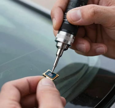 Close-up macro photography of a technician's hands using a professional precision tool to repair a small chip in a car's windshield. The focus is sharp on the repair process, set in a bright outdoor US environment.