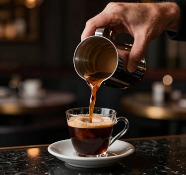 Close up of hands in a sophisticated setting, pouring coffee in a high-end North American club lounge with a palette of deep browns and blacks.