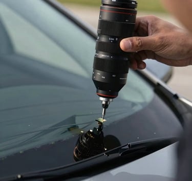 Photography of a high-tech tool being used to repair a small chip on a windshield, professional equipment, modern car, soft natural lighting in a North American setting, emphasizing precision and technology.