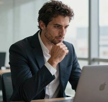 A professional South American businessman looking thoughtfully at a laptop screen in a high-end corporate office in Buenos Aires, natural morning light, minimalist aesthetic.