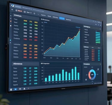 High-quality photography of a large digital dashboard showing growth metrics and business charts on a screen, set in a modern dark blue office environment in Argentina, professional and sharp lighting.