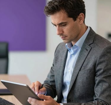 A professional business consultant in a tailored suit reviewing financial data on a sleek tablet in a modern office in Barcelona. Iberian / Spanish setting. The background has soft bokeh with tones of royal purple and mist white.