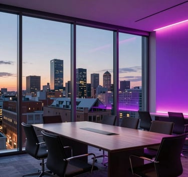 Modern corporate board room in Madrid with panoramic glass windows overlooking the skyline at dusk. Iberian / Spanish setting. The room is professionally lit with subtle neon fuchsia and deep purple accents on minimalist furniture. High-end sharp focus photography.