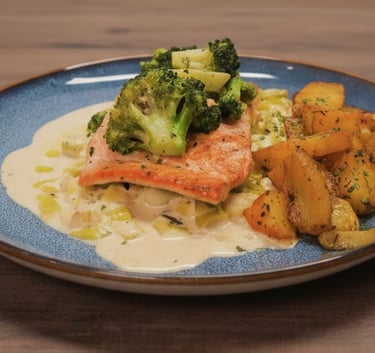 Pavé de saumon grillé sur fondue de poireaux au vin blanc, servi avec brocolis à l'ail et patates