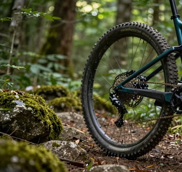 Close-up of a mountain bike wheel on a dirt trail with mossy rocks, soft focus on the lush forest green background, sunlight filtering through leaves, French / Vosges Region.