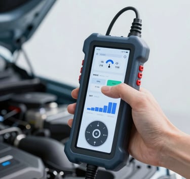 Electronic diagnostic tool connected to a modern car engine. High-tech interface visible, emphasizing efficiency and modern technology. Clean composition with #4A6577 and #F0F4F7 as dominant tones.