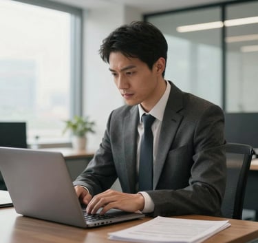 A professional in a business suit working on a high-end laptop in a modern US office, focused atmosphere, soft morning light, sophisticated and secure setting.