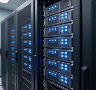 A close-up shot of a high-tech security server rack in a clean, modern data center, glowing muted blue and pale blue lights, sophisticated technological environment, professional photography.