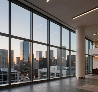 A wide-angle, high-end photograph of a sleek commercial office interior in a North American / US city. Floor-to-ceiling windows overlook a modern skyline at dusk. Soft, warm lighting emphasizes a sophisticated and professional atmosphere.