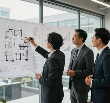 A professional North American / US business scene. Two experts in business attire stand before a large glass wall covered in architectural project blueprints and financial projections. Natural lighting, showing a collaborative planning session.