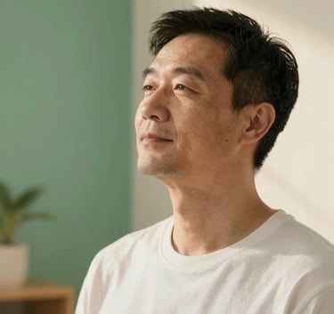 A serene, close-up shot of a healthy adult in their 40s looking peaceful in a bright, sunlit room. Soft emerald green accents in the background, warm beige walls, and subtle gold highlights from the natural sunlight. Minimalist and calm atmosphere, modern photography.