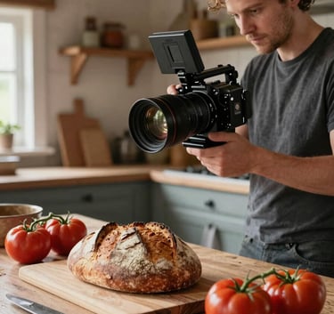 A creative content creator filming a scene in a rustic Northern European / Scandinavian farm kitchen, using professional equipment to capture the textures of artisanal bread and fresh deep ripe crimson tomatoes.