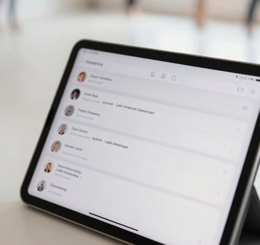Close-up of a tablet screen displaying a modern, intuitive management app in a Spanish / Latin American dance studio environment, natural bright lighting, Cool Off-white tones.