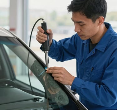 A professional North American technician wearing a clean blue uniform, working on a vehicle windshield in a bright, modern setting. The technician is using a specialized precision tool for repair, illuminated by natural morning light, conveying a sense of innovation and expert craftsmanship.