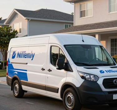 A sleek, branded mobile service van parked on a modern North American residential street. The vehicle is clean and white with medium blue accents, parked under the soft lighting of an afternoon sun, symbolizing reliability and fast, mobile response.