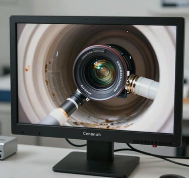 A high-resolution monitor showing a clear endoscope camera view inside a clean domestic sewage pipe, professional plumbing diagnostic equipment, Central European / German interior.