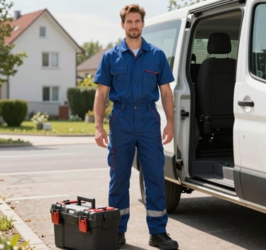 A professional plumber with a modern tool kit standing next to a service vehicle in a Central European residential area, bright morning light, clean and trustworthy appearance.