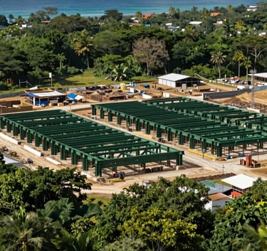 A wide-angle, professional photograph of a large-scale construction site in a lush Caribbean / Jamaican coastal landscape, featuring structural beams in dark forest green.