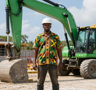 A focused shot of a professional construction manager in Caribbean / Jamaican attire standing on a project site with a bright, sunny sky and leaf green construction machinery.