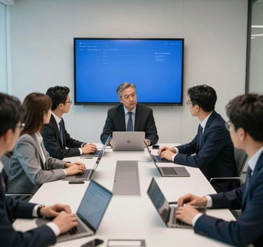 A collaborative meeting of professionals in a sleek US boardroom, discussing strategy over digital devices with bright blue and soft white interiors.