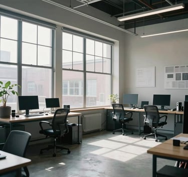 A bright, modern North American creative studio with expansive windows, natural light, and professional workspaces featuring soft grey and blue accents.