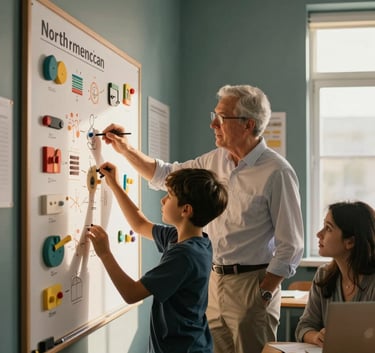 A warm, sunlit North American classroom where a supportive instructor and a student are engaged with a tactile learning board. The composition follows the rule of thirds with the subjects on the right. The lighting is soft and golden, highlighting a professional and inviting atmosphere with subtle dark teal and off-white accents in the room decor.