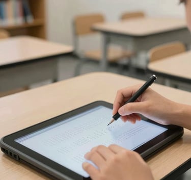 A close-up, high-angle shot of a student's hands using a specialized braille interface and assistive tablet in a modern North American study hall. The background is a soft focus of bookshelves and off-white walls, creating a focused and resourceful mood.