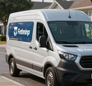 A professional service van with corporate branding parked on a clean suburban North American / US street, bright morning light, emphasizing reliability and mobile convenience, slate blue and light grey colors.