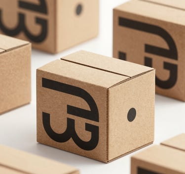 A set of custom-printed carton boxes featuring crisp black logos on natural brown cardboard. The boxes are displayed in a clean, professional studio setting with soft lighting, emphasizing brand quality and modern retail aesthetics. Brand colors #2C2C2B and #6B4D3C are prominently featured.