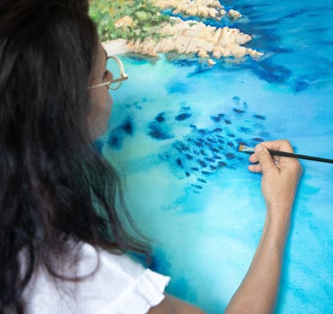 Peinture acrylique de la baie de Canella réalisée par l'artiste Dana
