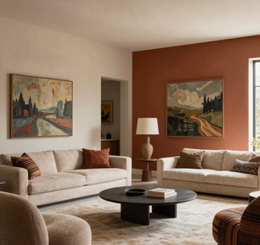 A professional wide-angle shot of a spacious living room being transformed. The walls are a mix of soft sand and deep terracotta. The room is filled with natural light, featuring elegant South American furniture. High-end residential painting context.