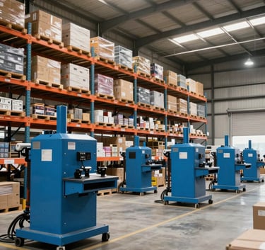 A wide angle shot of a clean, organized logistics warehouse in a Latin American / Spanish industrial zone, featuring modern shelving and sky blue industrial equipment under bright, clear lighting.