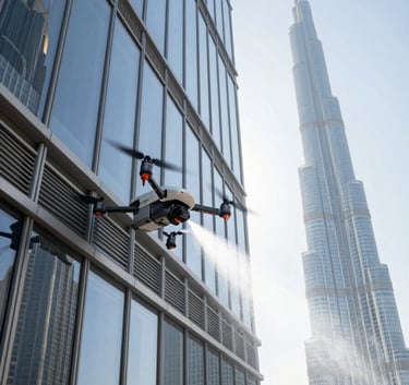 An action shot of an S-Drones branded cleaning drone spraying a gentle mist of water onto the high windows of a modern glass office building in Dubai. The Burj Khalifa is visible in the distant background under a clear sky. High-angle perspective showing the drone's precision near the architecture, clean and innovative commercial aesthetic.