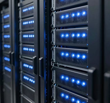 Close-up of a high-tech server room in a North American data center, rows of glowing blue lights on server racks, sharp focus, clean and professional atmosphere.