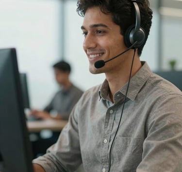 A professional South American customer service representative in business casual attire wearing a sleek headset, focused and smiling, modern office background in Brazil, bright and airy lighting.
