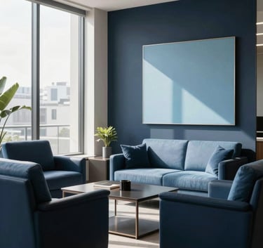 A refined South American corporate lobby with clean lines and modern furniture, featuring deep navy and light blue accents, natural sunlight streaming through large windows, high-end photography.