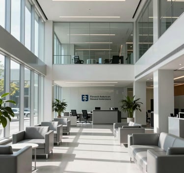 A wide-angle shot of a minimalist, sun-drenched North American / US corporate lobby with glass walls and silver grey furniture. The scene is clean, spacious, and reflects a trustworthy financial institution.