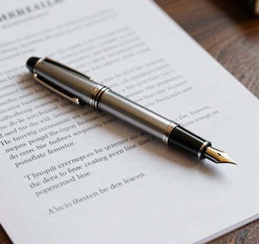 Close-up of a high-quality fountain pen resting on a legal document on a dark wooden desk. The scene conveys reliability and meticulous attention to detail in a Southern European setting.