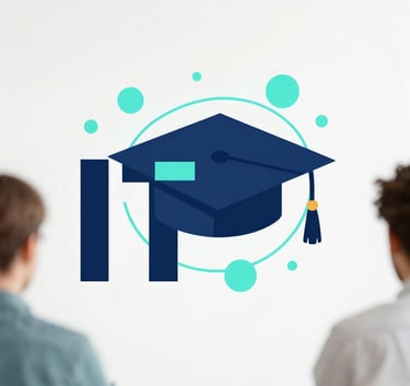 A modern digital illustration representing IT education, featuring abstract connectivity lines and a graduate cap, using a palette of #0A192F and #A7D9D9 against a clean background.