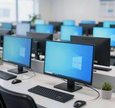 A bright, professional computer lab interior in Talcher, showing rows of modern workstations with Windows 11, clean and organized, incorporating #F8FCFB and #1B4965 colors.