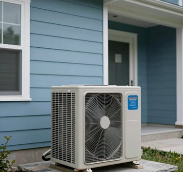 A high-efficiency outdoor air conditioning unit placed neatly on a stone pad next to a modern North American / US suburban house with soft sky blue siding.